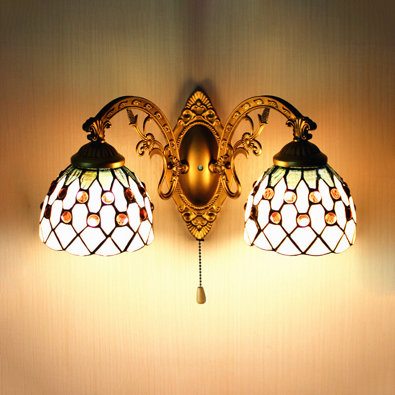Tiffany Curve Arm/Mermaid Glass Wall Sconce Lighting - 2 Heads Beige Pull Chain Switch / Curved