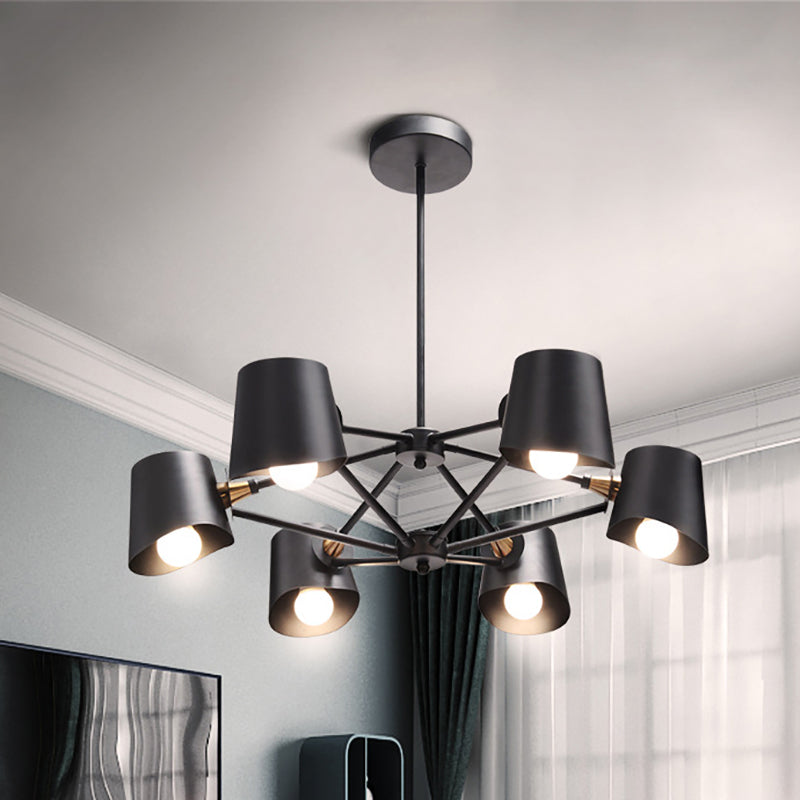 Modern Black Metal Chandelier With Bucket Shade - 6-Light Pendant For Study Room