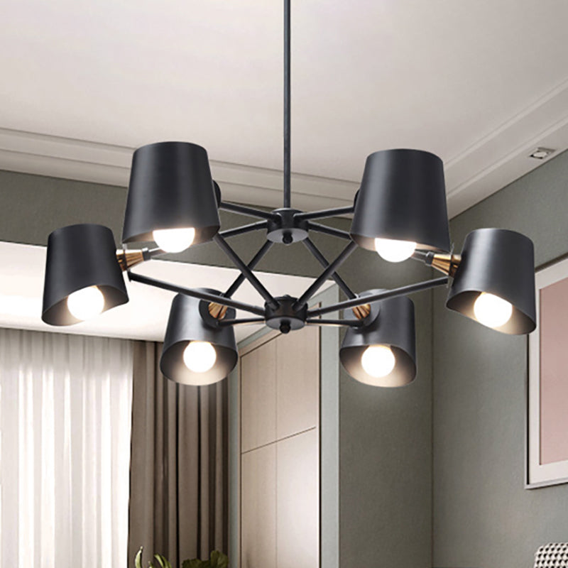 Modern Black Metal Chandelier With Bucket Shade - 6-Light Pendant For Study Room