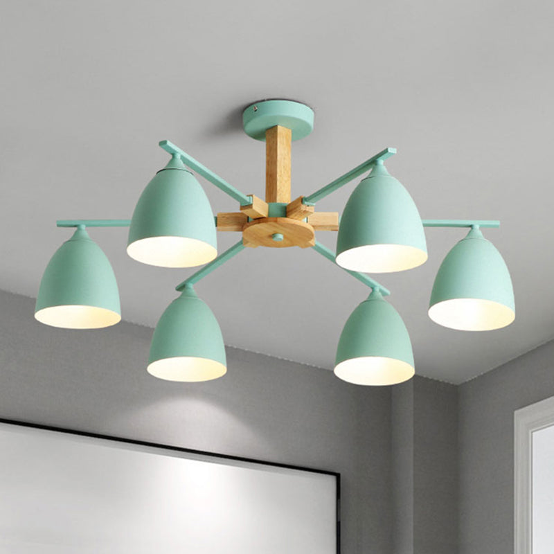 Modern Metal Dome Hanging Chandelier With Wood Arm - 3/6 Lights Green/Grey/White 6 / Green