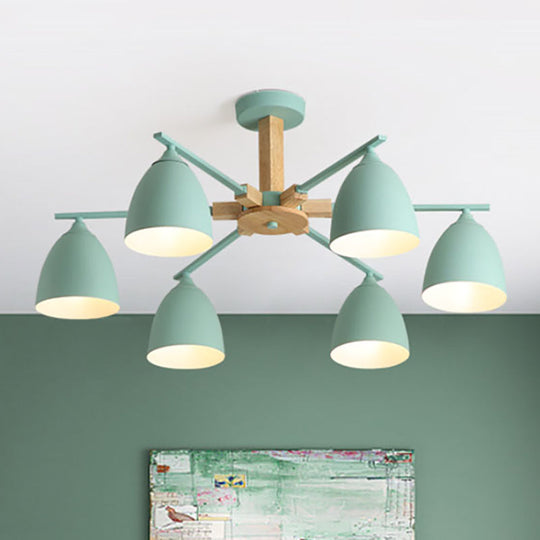 Modern Metal Dome Hanging Chandelier With Wood Arm - 3/6 Lights Green/Grey/White