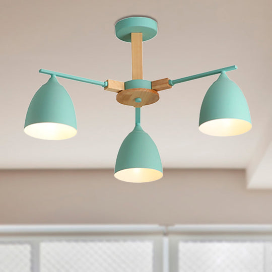 Modern Metal Dome Hanging Chandelier With Wood Arm - 3/6 Lights Green/Grey/White 3 / Green