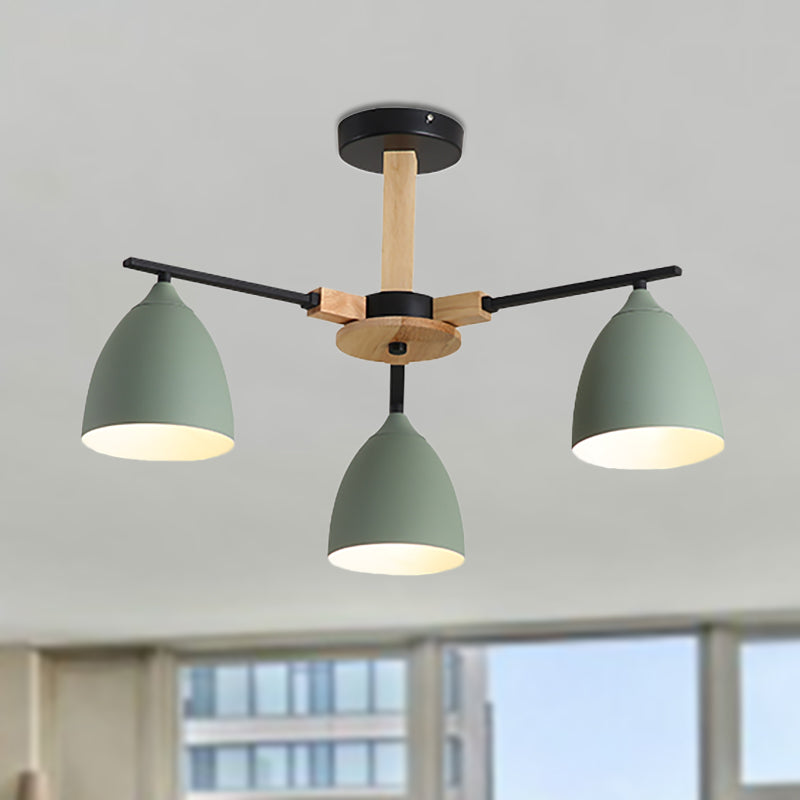 Green Nordic Dome Shade Wooden Hanging Chandelier Stylish Multi-Light Ceiling Light For Living Room