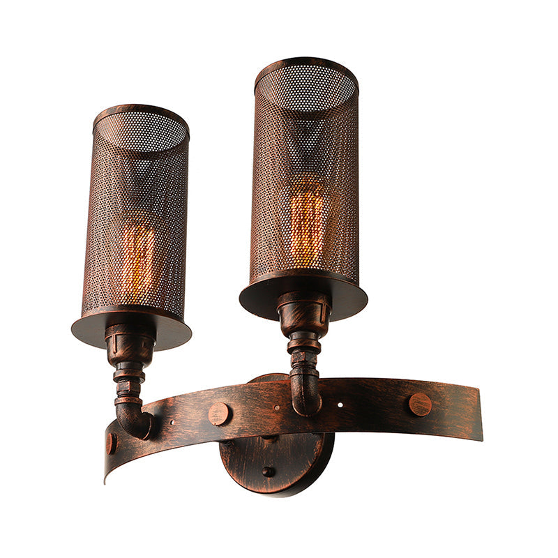 Vintage Double Cylinder Wall Light With Mesh Shade In Weathered Copper - Wrought Iron Mount Lamp 2