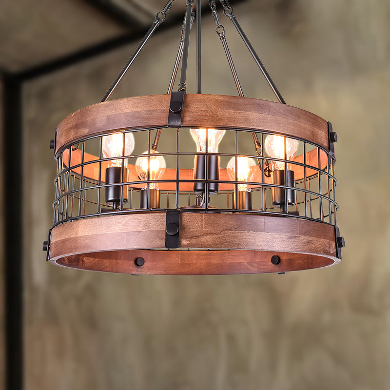 Hanging Farmhouse Suspension Lamp: Drum Metal and Wood Fixture with Mesh Screen, Lodge Style, Multi Light | Brown