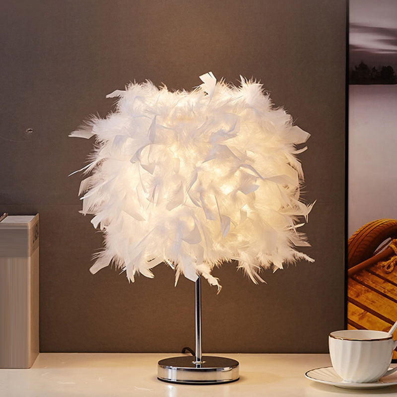 Feather Nightstand Lamp - White Cylindrical Night Table Light With Simplicity In Single Bulb Design