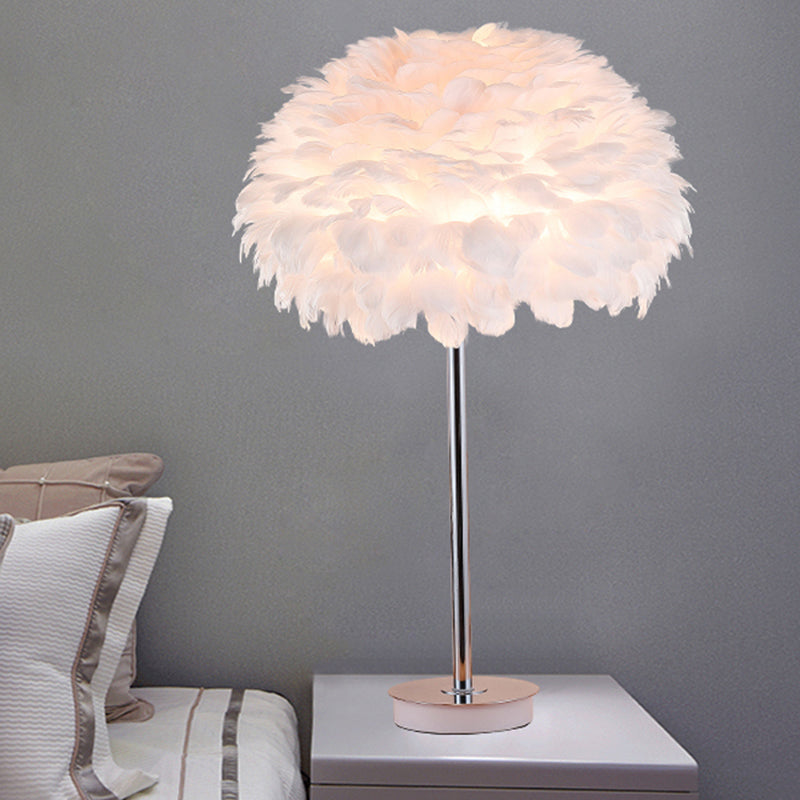 Minimalistic Dome Shaded Bedside Table Lamp - Feather 1 Head Night Stand Light Silver