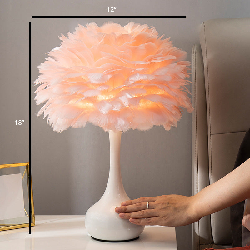 Feather Flower Vase Night Light - Nordic Style Table Lamp For Bedroom Pink