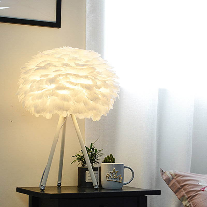 Nordic Feather Tripod Table Lamp- Bedroom Night Light With Globe Shade In White