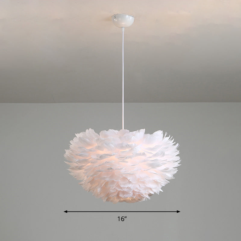 Minimalist Feather Hemispherical Pendant Lamp - White Suspension Light For Bedroom / 16