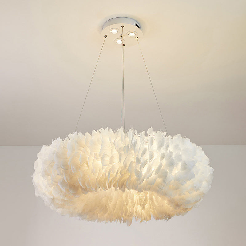 Modern White Feather Pendant Light For Bedroom With Suspension Design / 20 Circle
