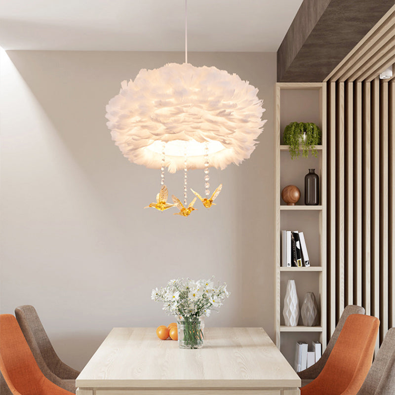 Modern White Feather Pendant Light For Bedroom With Suspension Design / 20 Round
