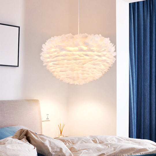 Modern White Feather Pendant Light For Bedroom With Suspension Design / 20 Dome