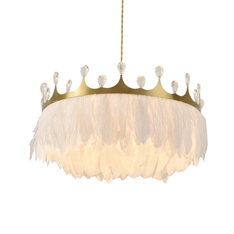 Feather Suspended Gold Crown Chandelier With Crystal Deco - Artistic 1-Head Lighting