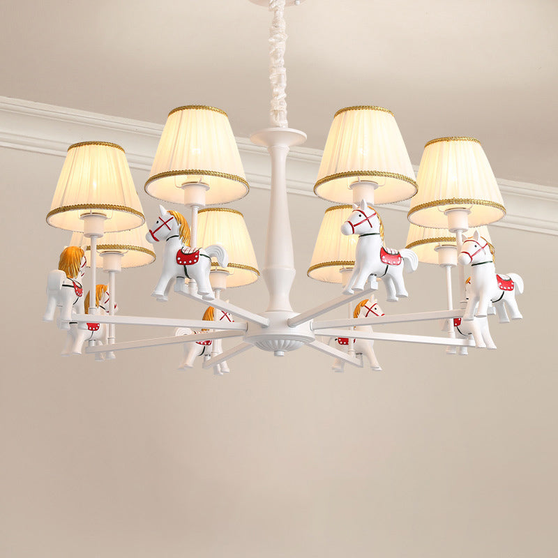 White Resin Carousel Cartoon Chandelier With Tapered Fabric Shade - Perfect For Childs Room! 8 /