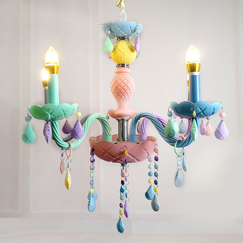 Pink Candle Style Hanging Light Kids Multicolored Glass Chandelier - Perfect For Baby Room