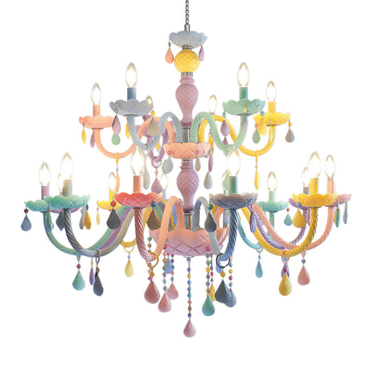 Pink Candle Style Hanging Light Kids Multicolored Glass Chandelier - Perfect For Baby Room