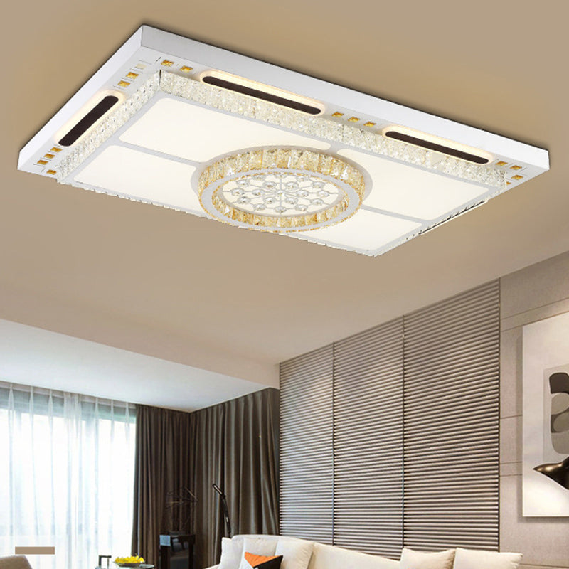 White Rectangle Ceiling Light with Crystal Shade - Contemporary LED Flush Mount Fixture