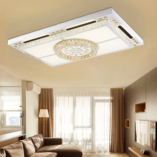 White Rectangle Ceiling Light with Crystal Shade - Contemporary LED Flush Mount Fixture