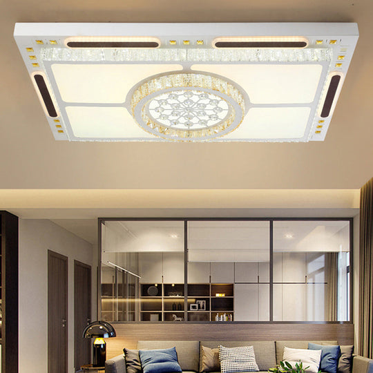White Rectangle Ceiling Light With Crystal Shade - Contemporary Led Flush Mount Fixture