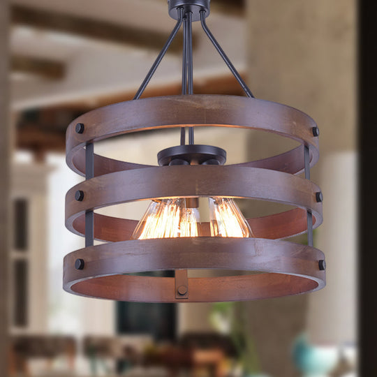 Lodge Style Metal and Wood Cylinder Cage Pendant Lamp - 1 Light Brown Hanging Light with Adjustable Chain