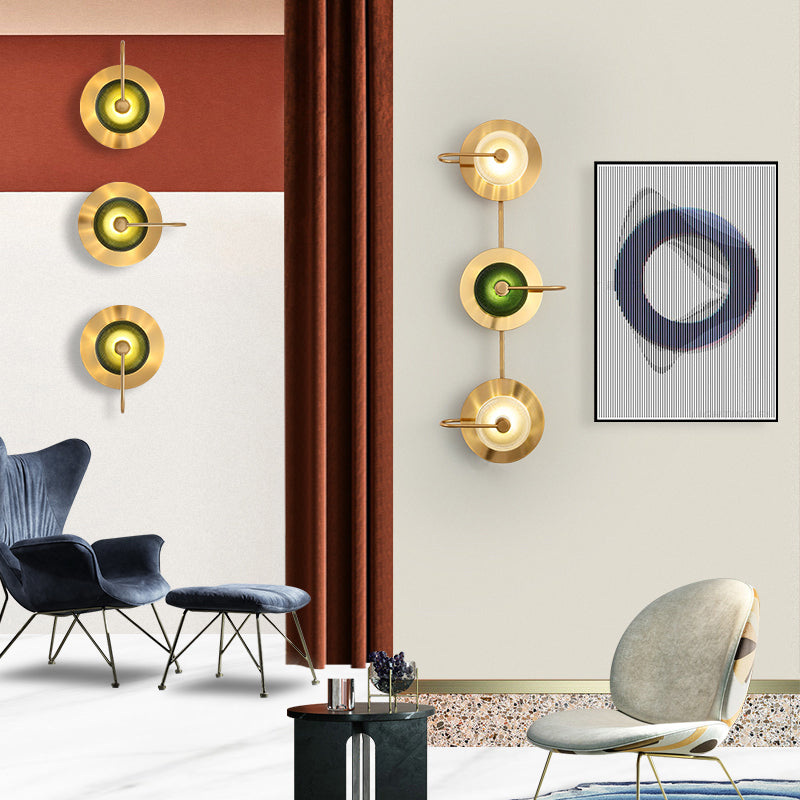 Postmodern Brushed Gold Glass Disc Wall Sconce - Mounted Lamp For Living Room
