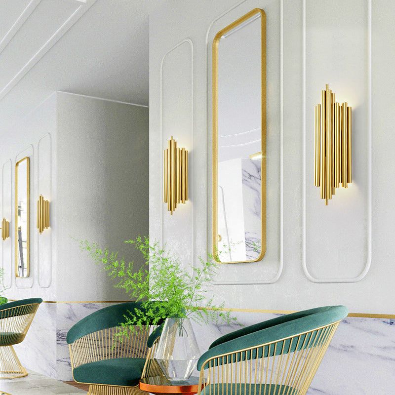 Gold Finish Flute Sconce: Postmodern 4-Light Wall Mount For Living Room
