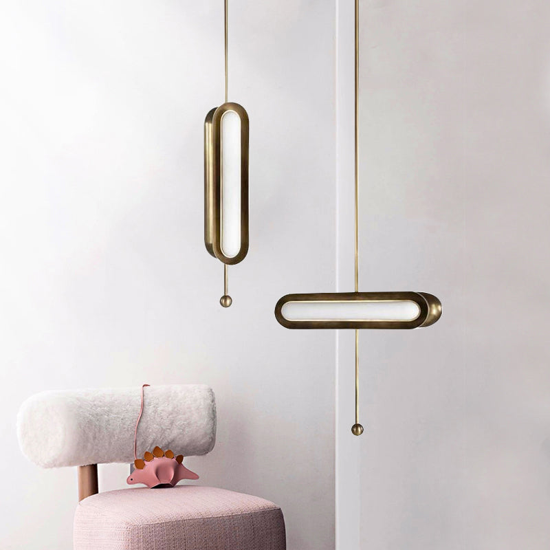Gold Plated LED Suspended Light for Dining Room - Postmodern Metal Oblong Design