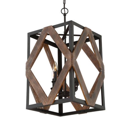 Lodge Style Black Metal Pendant Light with Wooden Rhombus Accents - 4-Light Rectangle Cage Hanging Lamp