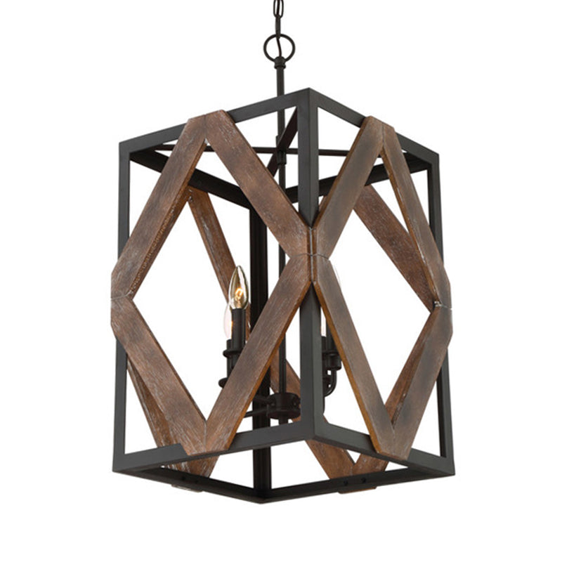 Black Metal Rectangle Cage Pendant Light With Rhombus Wood Design - Lodge Style Décor