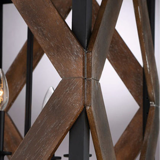 Black Metal Rectangle Cage Pendant Light With Rhombus Wood Design - Lodge Style Décor