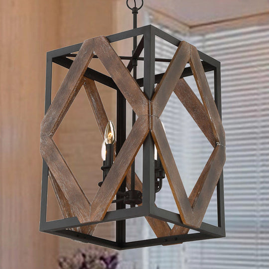 Lodge Style Black Metal Pendant Light with Wooden Rhombus Accents - 4-Light Rectangle Cage Hanging Lamp