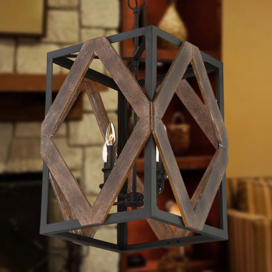 Lodge Style Black Metal Pendant Light with Wooden Rhombus Accents - 4-Light Rectangle Cage Hanging Lamp