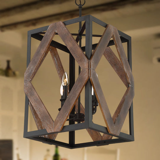 Black Metal Rectangle Cage Pendant Light With Rhombus Wood Design - Lodge Style Décor