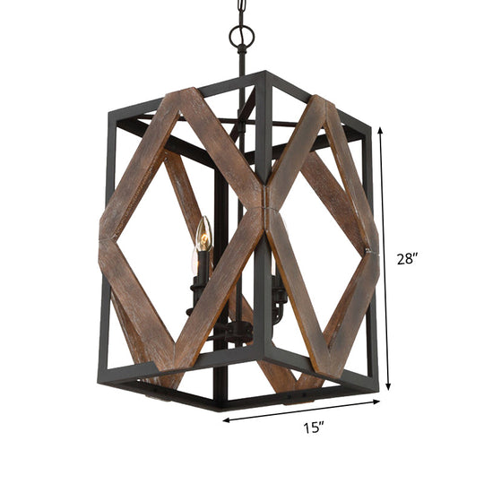 Lodge Style Black Metal Pendant Light with Wooden Rhombus Accents - 4-Light Rectangle Cage Hanging Lamp