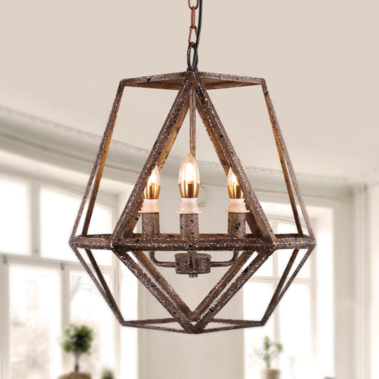 Metal Prismatic Cage Pendant Lamp: Rustic Stylish 3-Heads Chandelier Light Fixture with Adjustable Chain in Rust for Living Room