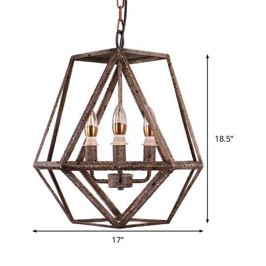 Metal Prismatic Cage Pendant Lamp: Rustic Stylish 3-Heads Chandelier Light Fixture with Adjustable Chain in Rust for Living Room