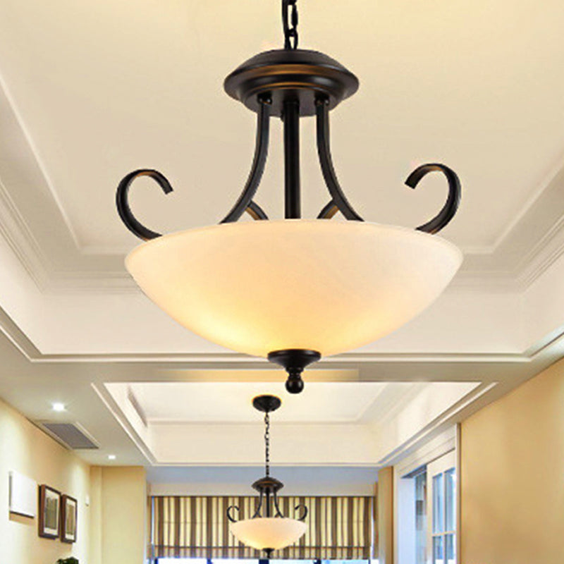 Traditional Black Frosted Glass Chandelier - 3-Bulb Bowl Ceiling Light Fixture White