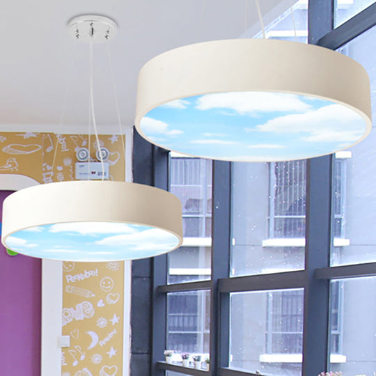 Bright Round Led Pendant Lamp With Colorful Acrylic Sky Design For Kindergarten White / 15.5