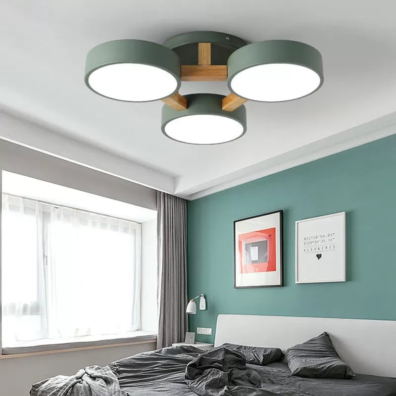 Metal Drum Semi Flush Mount Ceiling Lamp With 3 Macaron Loft Heads For Living Room