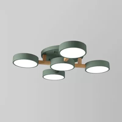 Wood And Metal Drum Ceiling Light - 5 Head Macaron Design For Living Room Semi Flush Mount Loft