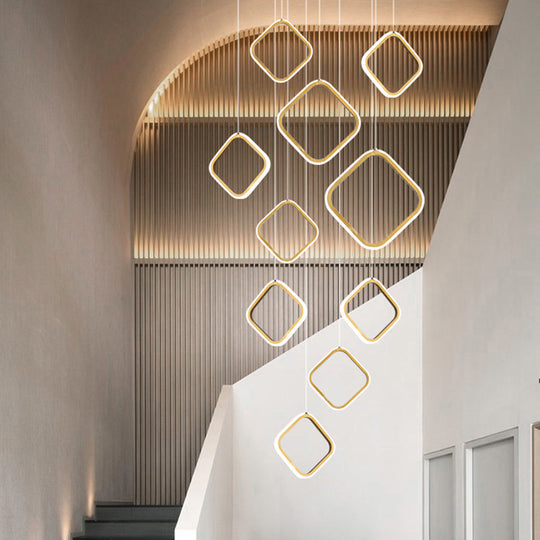 Golden LED Suspension Pendant Light - Sleek Metallic Halo Design for Stairways