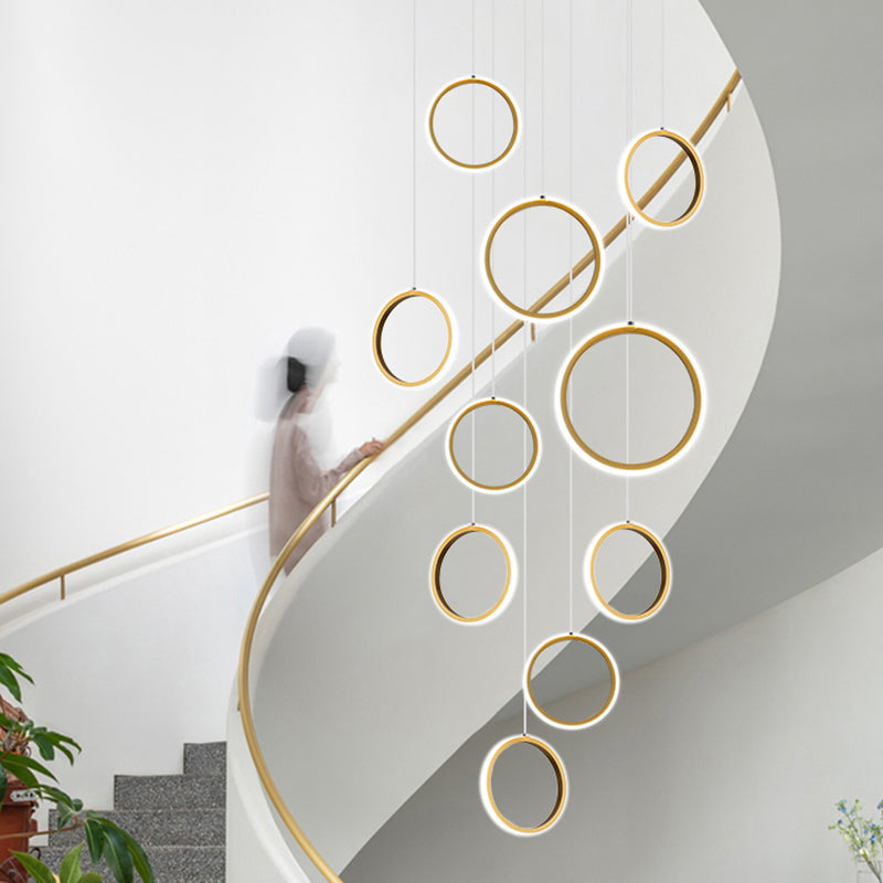Golden LED Suspension Pendant Light - Sleek Metallic Halo Design for Stairways