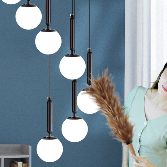 Modern Cream Glass Multi-Lamp Ceiling Light With Globe Stairs Design - Pendant Lighting Fixture