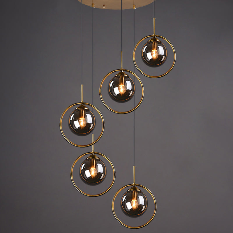 Post-Modern Cluster Ball Pendant Light Fixture with Brass Finish & Glass Shades - 5 Bulb Suspension