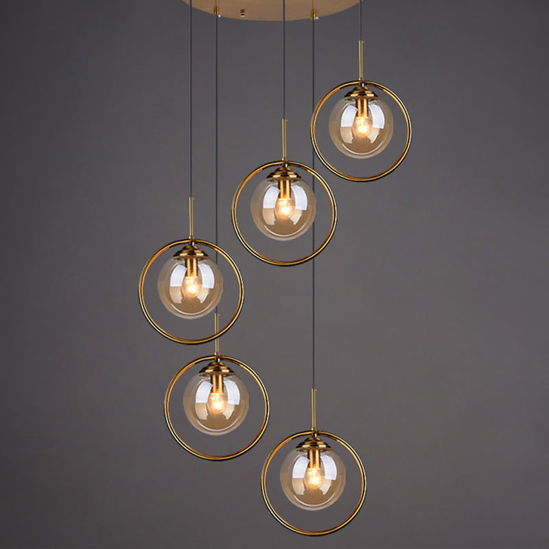 Brass Finish Cluster Ball Pendant - Post-Modern Glass Suspended Lighting Fixture With 5 Bulbs Amber