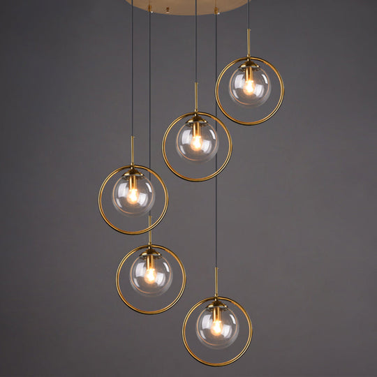 Brass Finish Cluster Ball Pendant - Post-Modern Glass Suspended Lighting Fixture With 5 Bulbs Clear