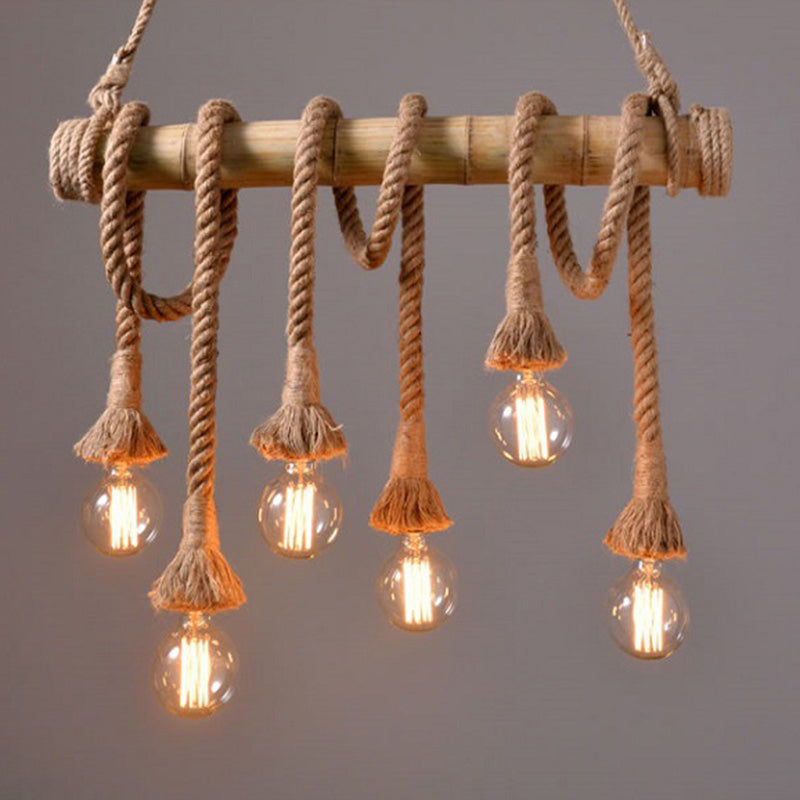 Rustic Brown Island Pendant Light With Rope And Bamboo Pole 6 /
