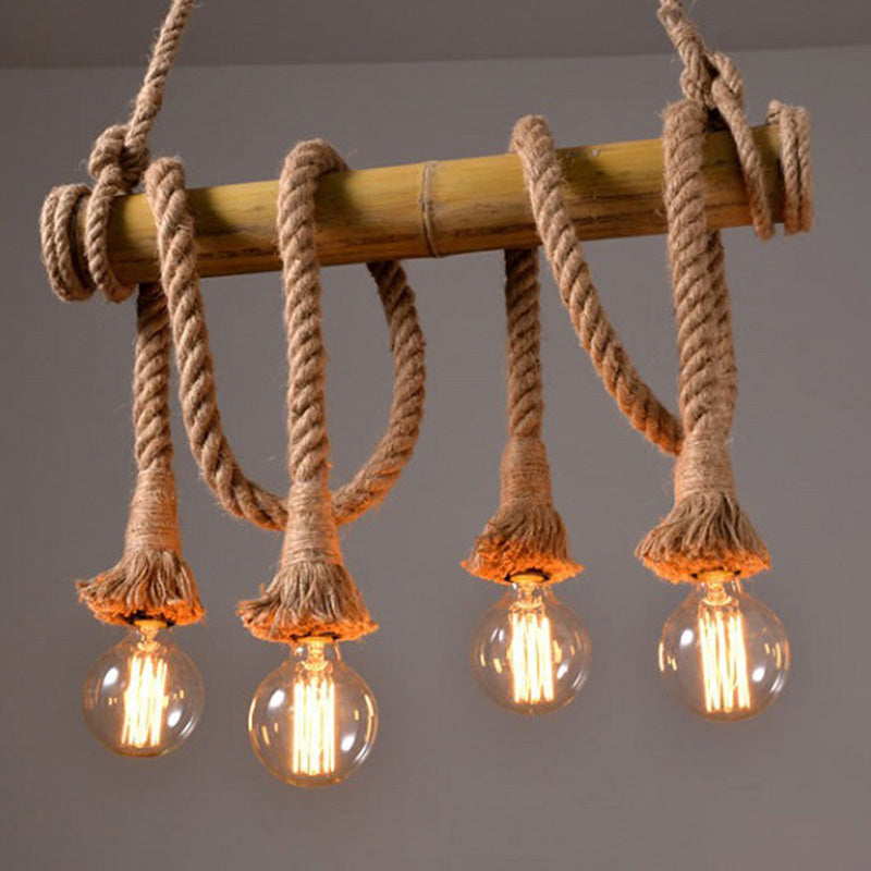 Rustic Brown Island Pendant Light With Rope And Bamboo Pole 4 /