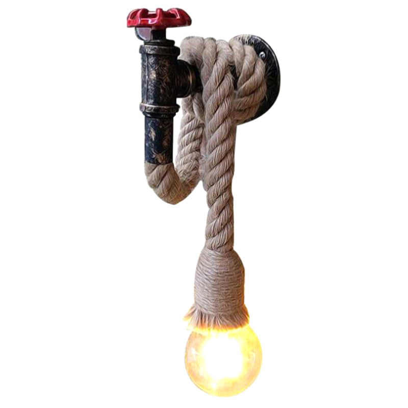 Industrial Black Iron Water Tap Sconce: 1-Light Wall Light Fixture With Rope Socket